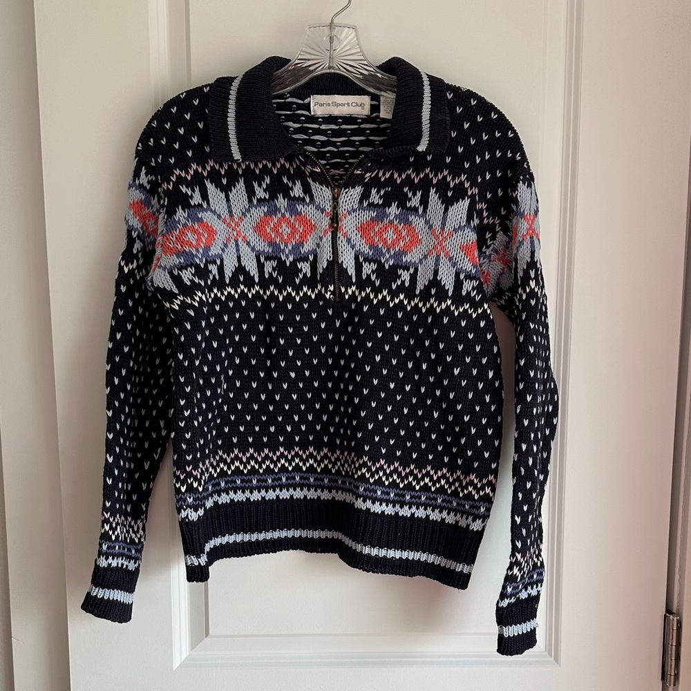 Vintage Fair Isle Nordic Quarter Zip Sweater Paris Sport Club Small Navy